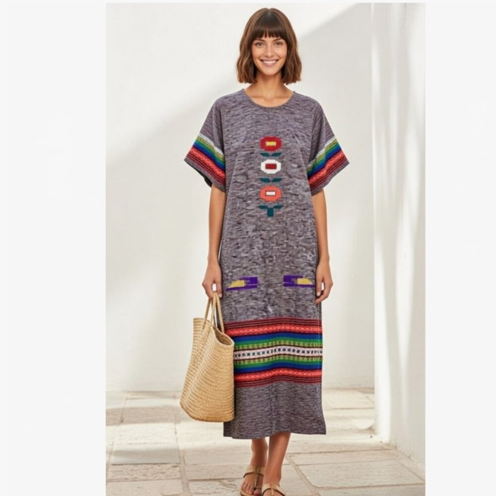 💜 Purple Mexican Embroidered Caftan Dress with colorful embroidered details.